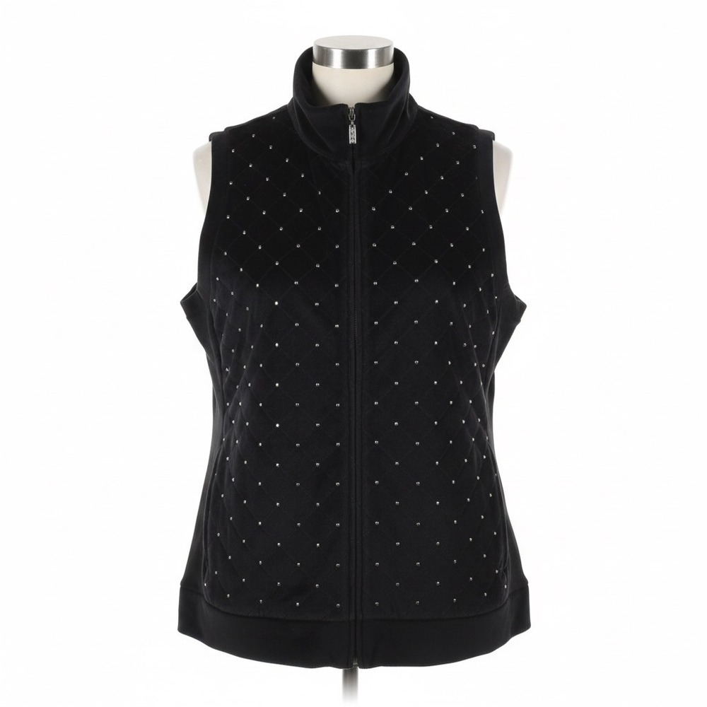 Quacker Factory 1X Black Quilted Vest Rhinestone Zip Embellish Bling Sleeveless